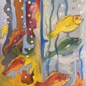 Jubilating fishes, a painting by William Ngendandumwe